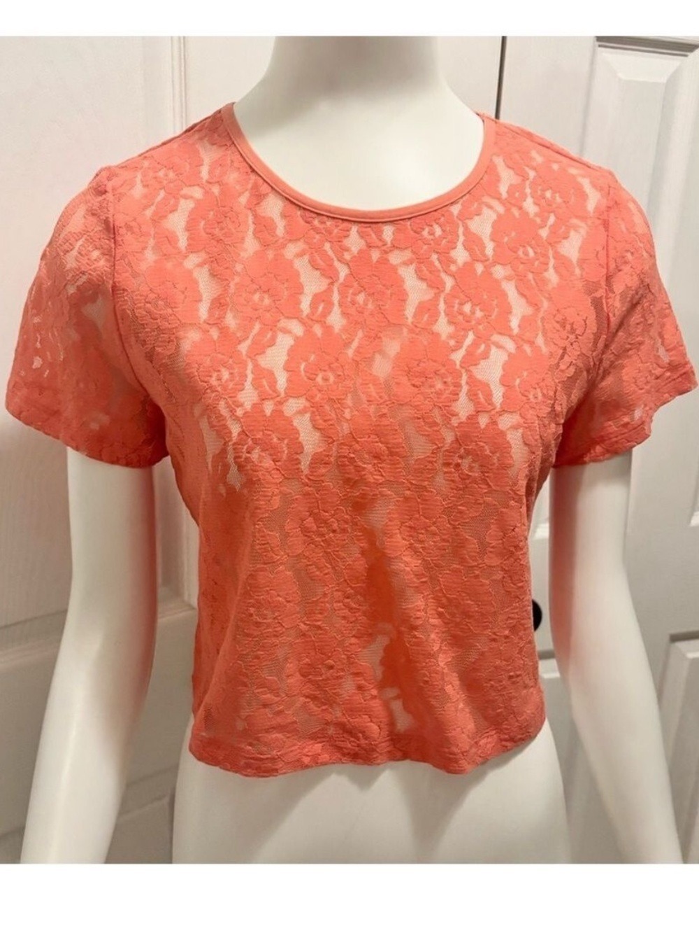 Anthropologie Lace Crop Top Orange Coral Short Sleeve Shirt Size Large